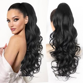 ALXNAN Ponytail Extension,Claw Clip in Long Curly Wavy Black Ponytail Hair Extension Jaw Clip on Pony Tails Hairpiece for Women