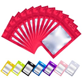 Rimiko 50pcs Ziplock Mylar Bags with Clear Window, Aluminum Foil Sample Bags, Resealable Pouch for Packaging and Food Storage (Red, 4.7"x7.9")