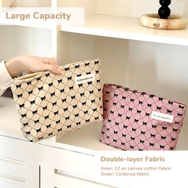 Yovell Floral Makeup Bag Cute Makeup Pouch Travel Organizer Toiletry Bag Canvas Makeup Bag with Zipper Large Cosmetic Bags for Women Girls, Beige Bow, Floral Makeup Bag