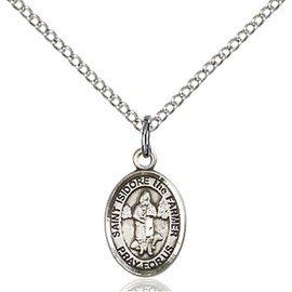 Bonyak Jewelry Saint Medal Collection Sterling Silver St. Isidore the Farmer Pendant 1/2 x 1/4 inches with Sterling Silver Lite Curb Chain
