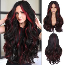 Lady Miranda 26 Inch Red and Black Long Wavy Wig Black Wig with Ombre Red Highlights Curtain Bang Wigs for Women Daily Part Use(Black and Red Color, 26 Inch)