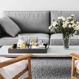 ATZYmolin Leather Serving Tray with Gold Polished Metal Handles, Home Decorative Wooden Rectangle Ottoman Decor Platter Bathroom Vanity Tray for All Occasions Black