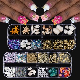 ROFIBUT 2 Boxes Summer Beach Nail Art Rhinestones 3D Mixed Ocean Theme Nail Charms Gold Metallic Shell Starfish Conch Nail Studs Shiny Chrome Pearl Supplies for Nail Art Design DIY Manicure Decoration