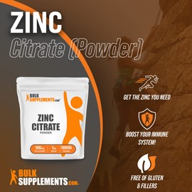BulkSupplements.com Zinc Citrate Powder - Zinc Supplement - Zinc 30mg - Zinc Mineral Supplements - Pure Zinc Citrate - Immune Support Supplement - 100mg per Serving (1 Kilogram - 2.2 lbs)
