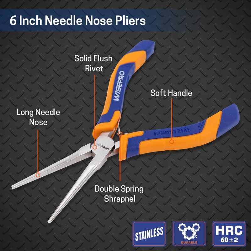 WISEPRO 6-Inch Needle Nose Pliers, Straight Long Nose Pliers, Mini