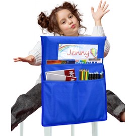 EAONE Chair Pockets for Classrooms, Large Capacity Seat Pockets Organizer 17” x 19”, Back of Chair Storage Bag with DIY Name Tags for Student School Classroom Supplies, Blue