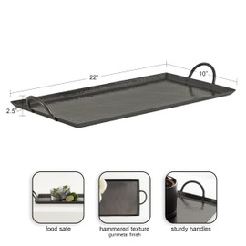 Kate and Laurel Sanzo Modern Glam Hammered Rectangle Metal Tray, 22 x 10, Gray Gunmetal, Rectangular Metal Decorative Tray with Hammered Surface and Minimalist Metal Handles
