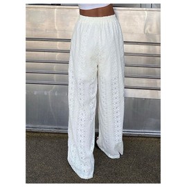 GORGLITTER Women's Eyelet Embroidered Wide Leg Linen Lace Pants Floral Embroidered Elastic Waist Lightweight Trousers White Small