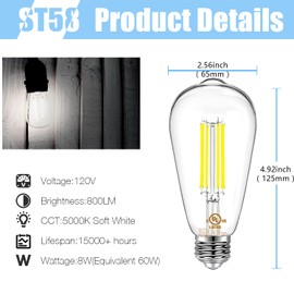 DAYBETTER 6 Pack Vintage LED Edison Bulbs, E26 Led Bulb 60W Equivalent, Dimmable Led Light Bulbs, High Brightness 800 LM Daylight White 5000K, ST58 Antique Filament Bulbs, Clear Glass Style for Home