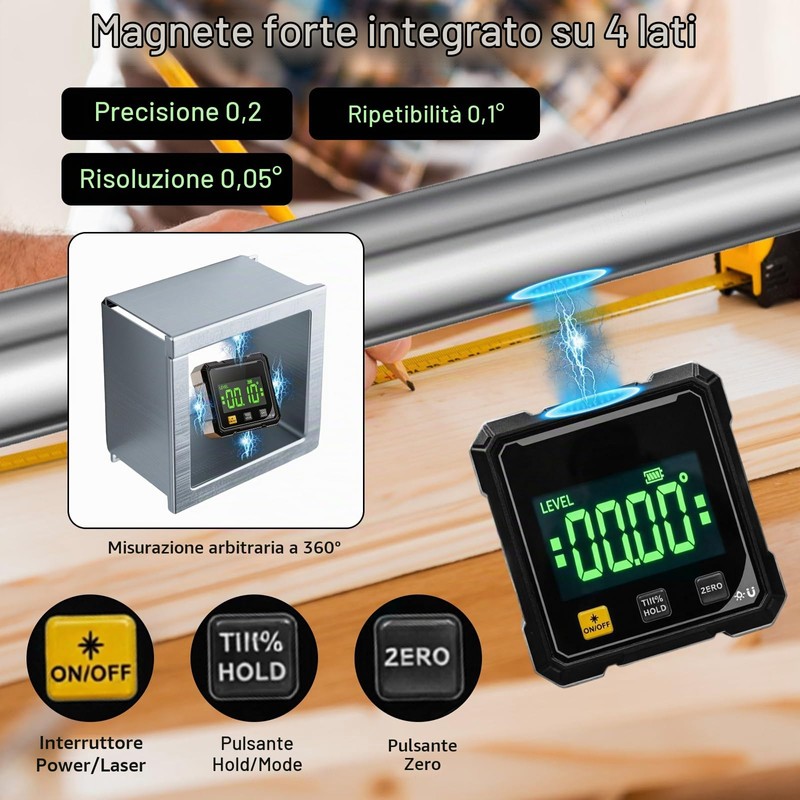 Livella Digitale: Inclinometro Digitale Ricaricabile, LCD Inclinometro Magnetico 4 Lati,