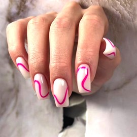 SINHOT Medium Square Press on Nails Squoval French Tip Fake Nails Glossy Glue on Nails Acrylic Nails Red Line False Nails with Designs 24 pcs