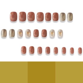 Fall Press on Nails Short Square Fake Nails with Designs Maple Leaf Glue on Nails Brown Stick on Nails Gold Glitter False Nails Glossy Reusable for Women Girls Autumn Thanksgiving Manicure 24pcs
