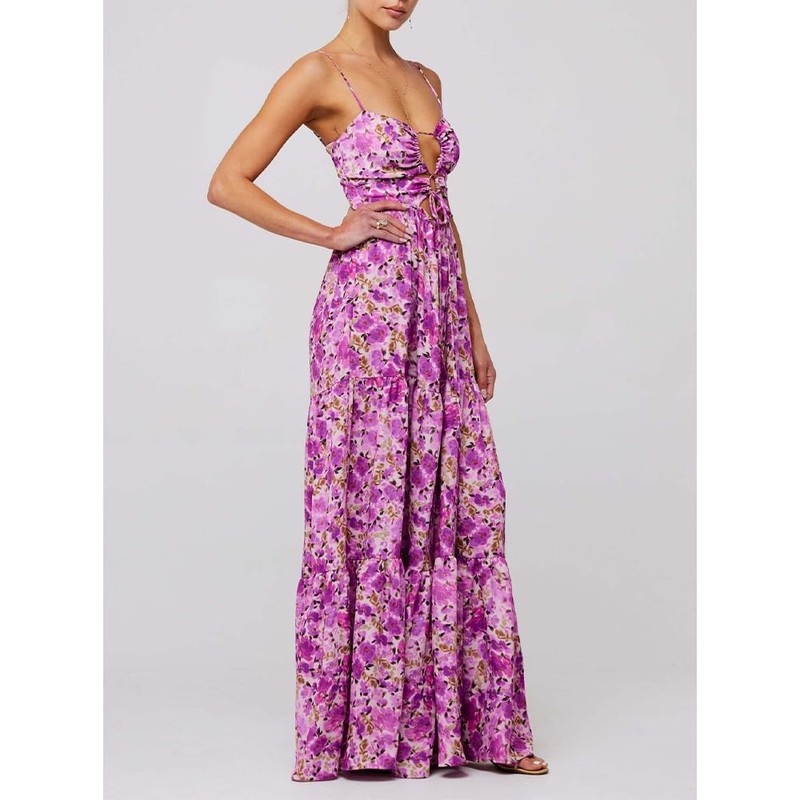 ABYOVRT Women Floral Maxi Dress Tie Front Cut Out Backless