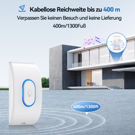 TECKNET Wireless Bell, IP65 Waterproof Doorbell Set, Over 400 m Wireless Range, Wireless Doorbell Kit, 60 Melodies, 5 Volume Levels, Wireless Doorbell with RGB Flash, White