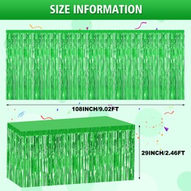 Bouiexye 2 Pack 29.5x108 Inch Green Foil Tinsel Fringe Table Skirts, Disposable Table Skirts for Rectangle Tables Curtains Backdrop Parade Wedding Floats Baby Shower Birthday Mardi Gras Party