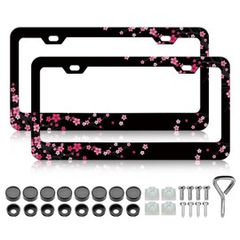 LIN KANG 2Pcs Pink Cherry Blossoms License Plate Frames Pink Floral Flowers Car Plate Holder Stainless Steel Material Rust-Proof Waterproof Car Decorative Tag Frames for Standard US 12x6 Inch