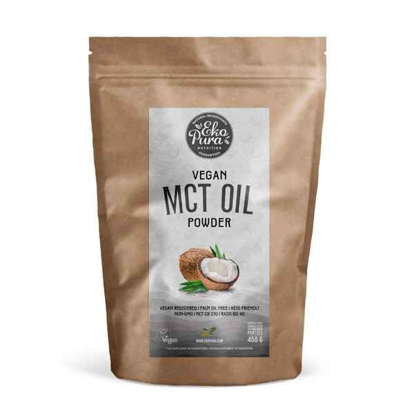 Ekopura Vegan MCT Oil Powder - 450g | C8/C10 MCT Ratio of (60/40) | Low Carb, Lactose Free, and Sugar Free | Premium Quality, Easily Absorbed & Digested | 30 portions | Neutral Flavoured