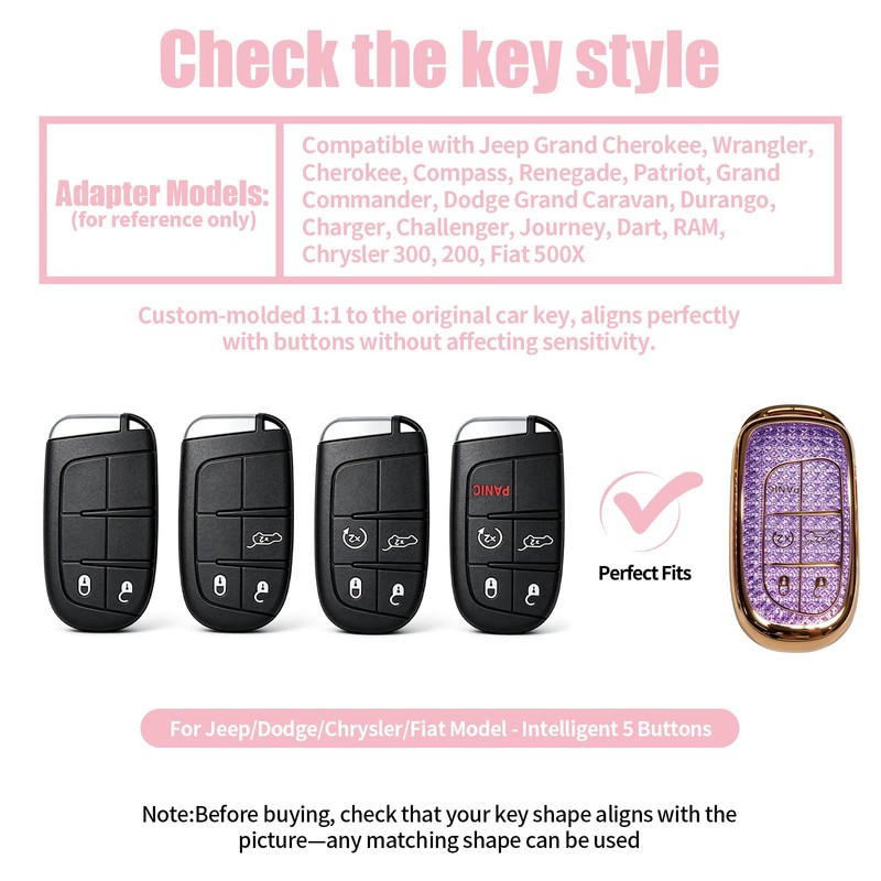 Erivis Bling Key Fob Cover with Heart Keychain for Jeep/Dodge/Chrysler