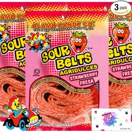 Sour Belts Candy for Chamoy Pickle Kit Sour Strips Sour Straws Mexican Candy Variety Pack Super Sour Candy Variety Pack Chamoy Candy Sourest Candy In The World TikTok Trend Items Includes Tiktok Magnet by Patroclus (Strawberry Fresa 3-Pack)