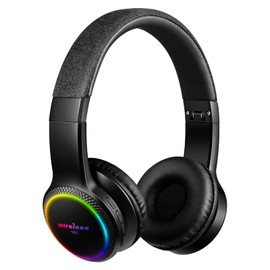 Woice Auriculares Blutooth para niños con micrófono, luces LED coloridas, sonido estéreo, Bluetooth 5.0, plegables en la oreja para niños, adolescentes, adultos (negro y negro)
