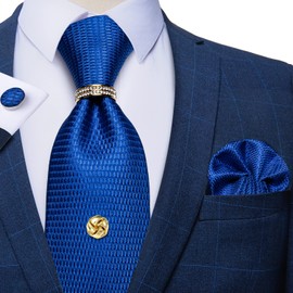 DiBanGu - Corbata de seda sólida para hombre, lazo dorado con cadena, anillo de corbata dorado, cuadrado de bolsillo, gemelos de regalo, 02 Bright Royal Blue, Talla única