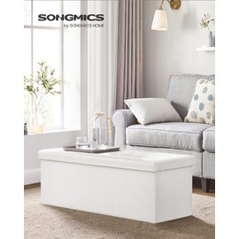 SONGMICS 43 Inches Folding Storage Ottoman Bench, Storage Chest, Footrest, Coffee Table, Padded Seat, Faux Leather, Holds up to 660 lb, White ULSF702