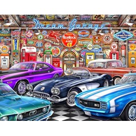 Springbok's Dream Garage 2000 Piece Puzzle for Adults is a Classic Car Lovers Dream Featuring Muscle Cars in a Classic Garage - Ribbon Cut Pieces