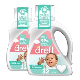 Dreft Active Baby Liquid Laundry Detergent, Helps Remove 99% of Baby Food Stains, Hypoallergenic, 2 pack, 32 loads each