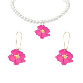 DEYOUM Flower Pearl Earrings Necklace Set for Women Trendy Lucky Bohemian Chic Cute Flower Pearl Blossom Design Earrings Dangle Drop Earring Necklace Set Holiday Summer Hawaiian Fashion Jewelry Gift (rose red)