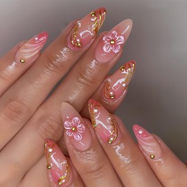 FNKFNK Pink Flowers Press on Nails Medium Almond Fake Nails with 3D Designs Glossy Pink Gradient Ripple False Nails Reusable Gold Line Glue on Nails for Women 24Pcs