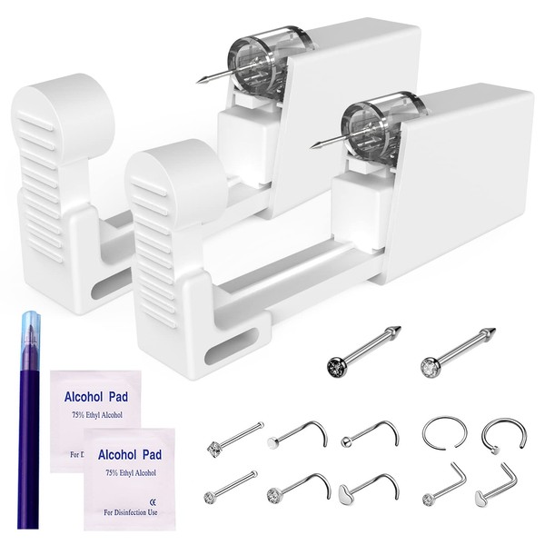 2 Pack Nose Piercing Kit, Disposable Safe Sterile Piercing Unit for Self Nose Piercing Gun, Nose Stud Piercing Kit Tool & 10 Free Nose Studs