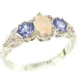 Ladies Solid Sterling Silver Natural Opal & Tanzanite English Victorian Style Trilogy Ring - Size 6.25