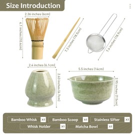 5PCS Match Whisk Set, Matcha Bowl with Spout, Matcha Whisk and Holder, Bamboo Matcha Scoop and Stainless Sifter, Perfect Matcha Kit for Matcha Tea Ceremony, Classic Green