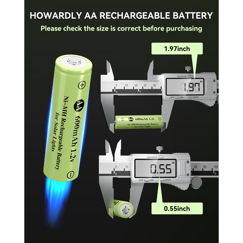 Howardly Ni-MH AA 600mAh 1.2v Rechargeable Battery for Solar Lights,