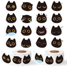BkeeCten 1000pcs Cute Black Cat Head Sticker Roll (2 Rolls), Funny Black Cat Face Decorative Decals for Kids, Cartoon Cat Meme Self-Adhesive Stickers for Water Bottle Laptop Scrapbook Decor