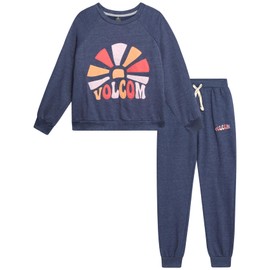 Volcom Girls' Sweatsuit Set - 2 Piece French Terry Pullover Crewneck Sweatshirt and Jogger Sweatpants Set for Girls (7-12), Size 10, Navy