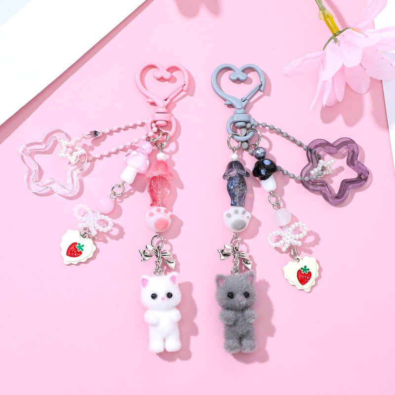 Ouligay Pack of 2 Cute Y2K Cat Key Chains, Fluffy