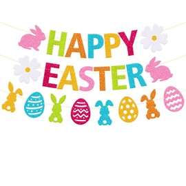 Easter Decoration Happy Easter Banner Hello Spring Easter Sunday Garland Eggs Hunting Bunnies Flowers Goodies Chocolate Jesus theme Party Celebration Decor