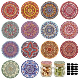 CONEHOY 14 Pcs Yogurt Jar Lids with Silicone Sealing Rings and 14 Bottle Label 2.64 Inches Reusable Bamboo Wooden Mandala Pattern Lids for Coffee Bean Spice Cookie Jars
