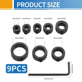 9 PCS Drill Bit Depth Stop Collar Ring Positioner Locator, 3/4/5/6/8/10/12/16mm Precision Woodworking Positioning Depth Limiter, Universal Heavy Duty Spacing Ring Accessories Set with Hexagon Wrench