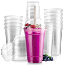 Fit Meal Prep 100 Pack 20 oz Disposable Plastic Coffee Cups with Dome Lids, To Go Iced Coffee Cups with Lids, BPA Free Clear Parfait Cups for Party, Smoothie, Bubble Boba, Juice, Milkshake