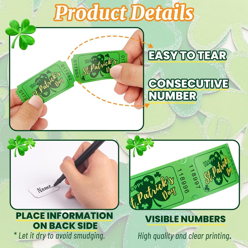 1000 Pieces St. Patrick's Day Raffle Tickets Green Shamrock Tickets
