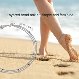 FLYOW 925 Sterling Silver Three-layer Anklet for Women Adjustable 9+1.5 Inch Beach Foot Ankle Bracelet Simple Bead Anklets