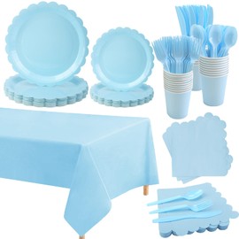 176 Pcs Light Blue Paper Plates and Napkins, Easter Plates Blue Party Supplies Include Blue paper plates Napkins Cup Plastic Tablecloth Spoon Fork Knives for Birthday Wedding Baby Shower
