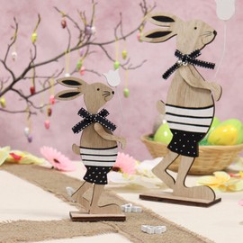 com-four® 6 x Decorative Stands for Easter, Large and Small Easter Bunny with Flower, Easter Decoration for Standing, Wooden Easter Decoration (Pack of 6, Brown/White)