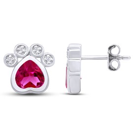 AFFY 14k White Gold Over Sterling Silver Heart Cut Simulated Ruby And Round White CZ, Paw Print Stud Earrings, Paw Print Earrings for Women Push Back Earrings