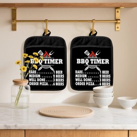 Fyecoluo Funny Barbecue Pot Holders 2 Pack Set, Gifts for BBQ Lovers, Barbecue Grill Gifts for Men Women, BBQ Timer Heat Resistant Oven Hot Pads for Kitchen Countertop Baking，055 Potholder
