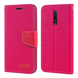 Oxford Fabric PU Leather Flip Wallet Case Compatible with Oppo Reno Z, Durable Protective Cover with Card Slots and Magnetic Closure (Rose Red)