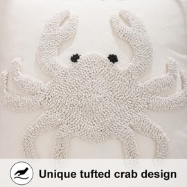 Tosleo 2 PCs Tufted Crab Cushion Cover 18"X18" Decorative Ocean Throw Pillow Cover Cotton Linen Square Pillow Case Summer Home Decor for Sofa Couch Bedroom Pillowcase