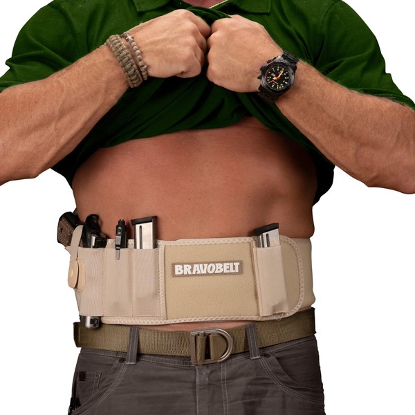 BRAVOBELT Belly Band Holster for Concealed Carry - Athletic Flex FIT for Running, Jogging, Hiking - Glock 17-43 Ruger S&W M&P 40 Shield | for Men & Women (Tactical Nude, Standard - Up to 44" Belly)